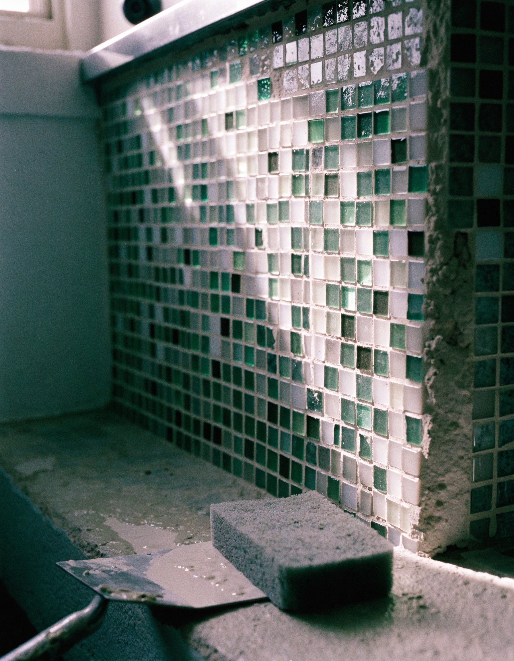 Frisch verlegte Mosaikwand in einer Dusche, Fugen noch feucht