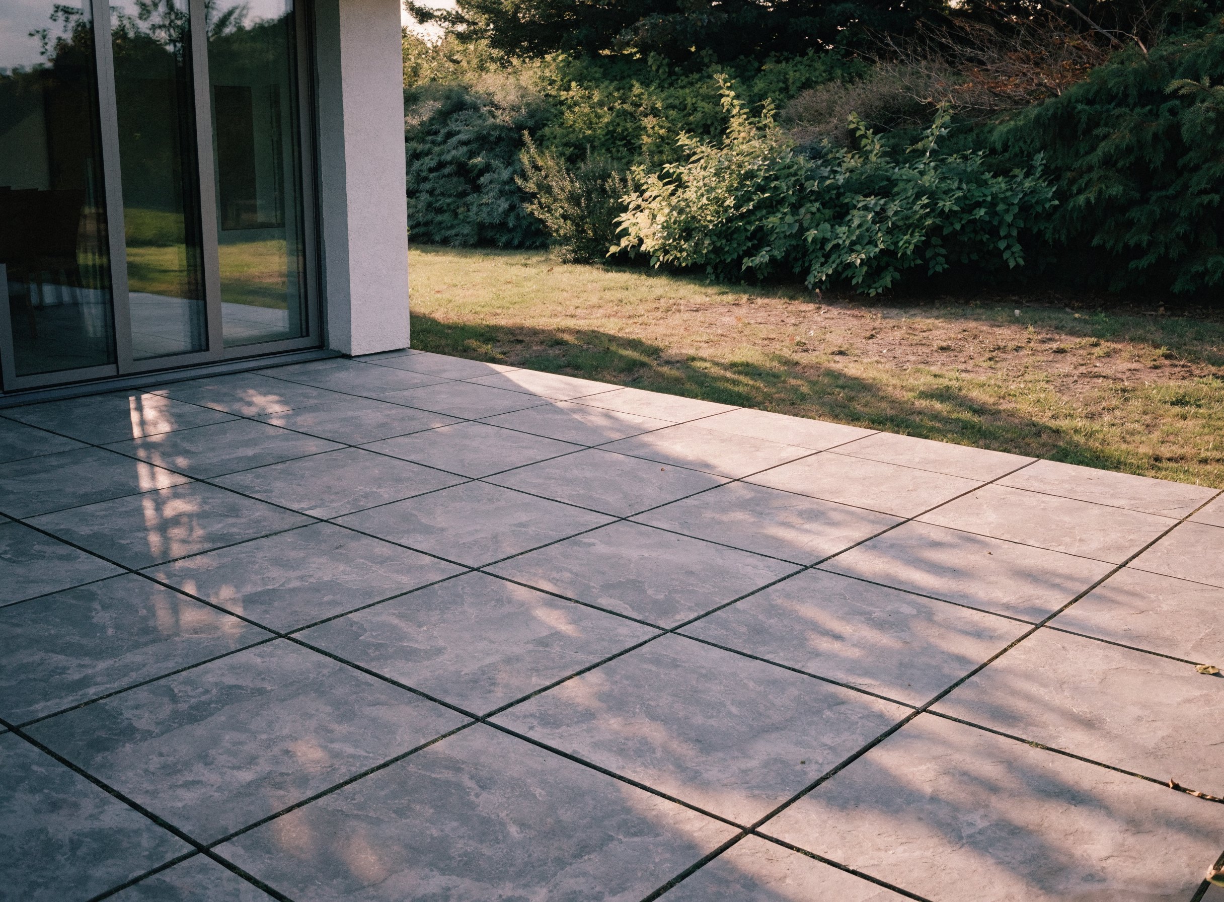 Neu verlegte Terrasse mit großformatigen Feinsteinzeugplatten am Garten